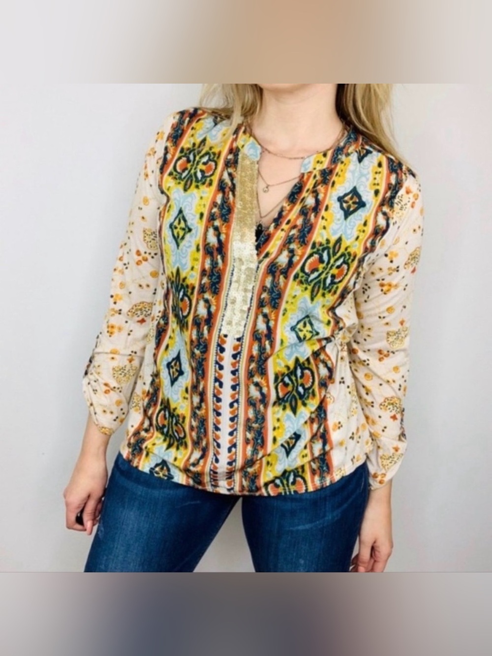 Anthropologie TINY MultiMedia Gold Sequin Blouse Size XS